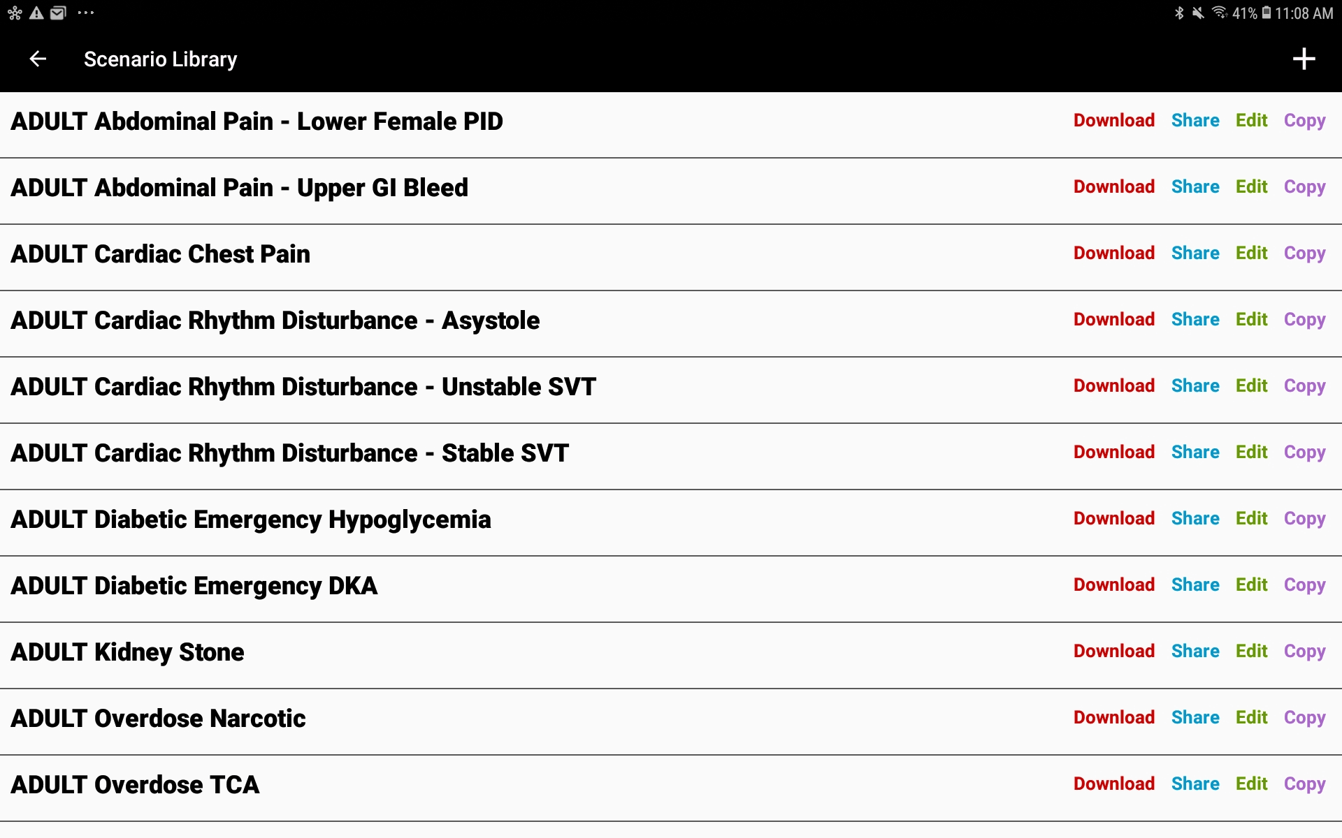 Scenario Library management view showing Download, Share, Edit, and Copy options for each scenario