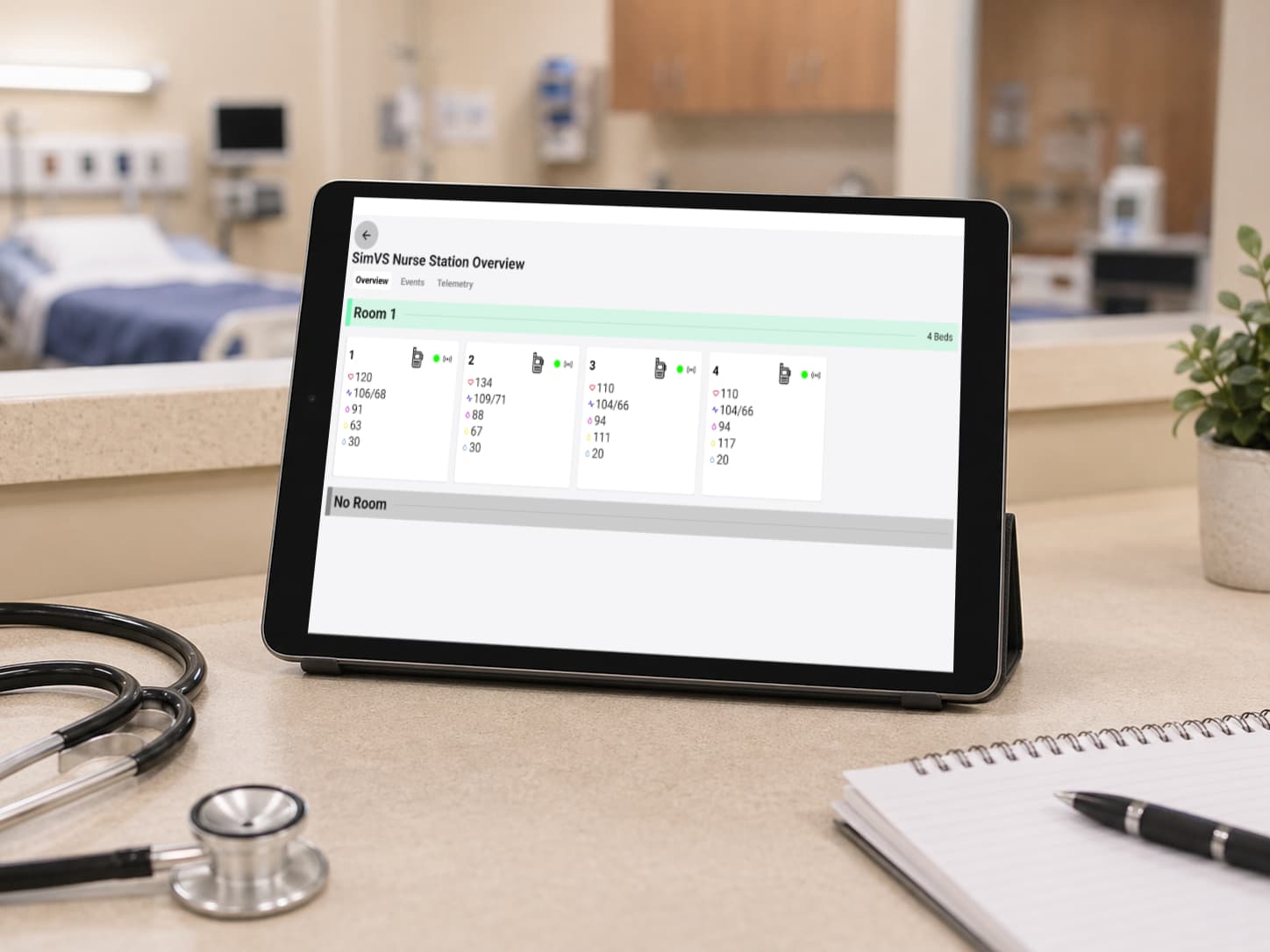 SimVS Nurse Station dashboard displayed on a tablet at the nurse station with multiple patient cards visible in a simulation lab
