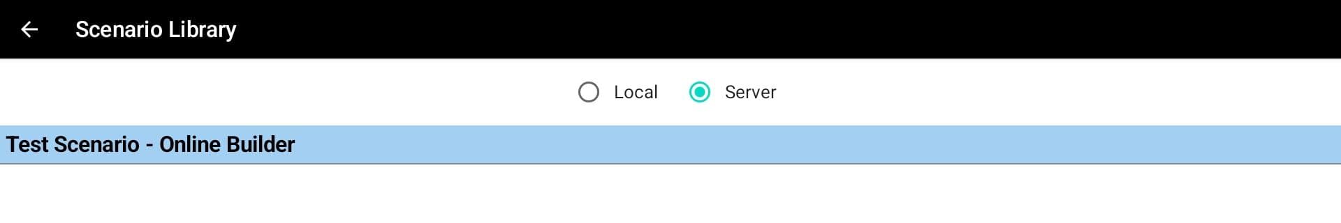 The Instructor Tablet's Scenario Library showing the synced scenario under "Server"