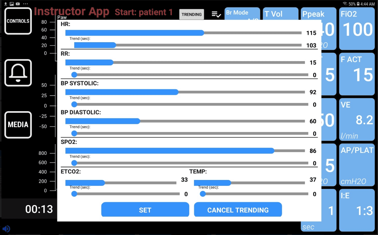 Trending screen showing parameter sliders for HR, RR, BP Systolic, BP Diastolic, SpO2, EtCO2, and Temp with trend duration controls and Set/Cancel buttons