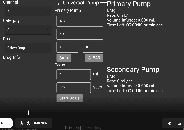 Universal pump interface showing the three-column layout with Channel, Category, Drug selectors, Primary Pump controls, and status display