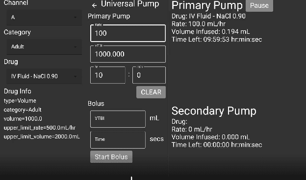 Universal pump running IV Fluid NaCl 0.90 at 100 mL/hr showing real-time Primary Pump status with Drug Info panel