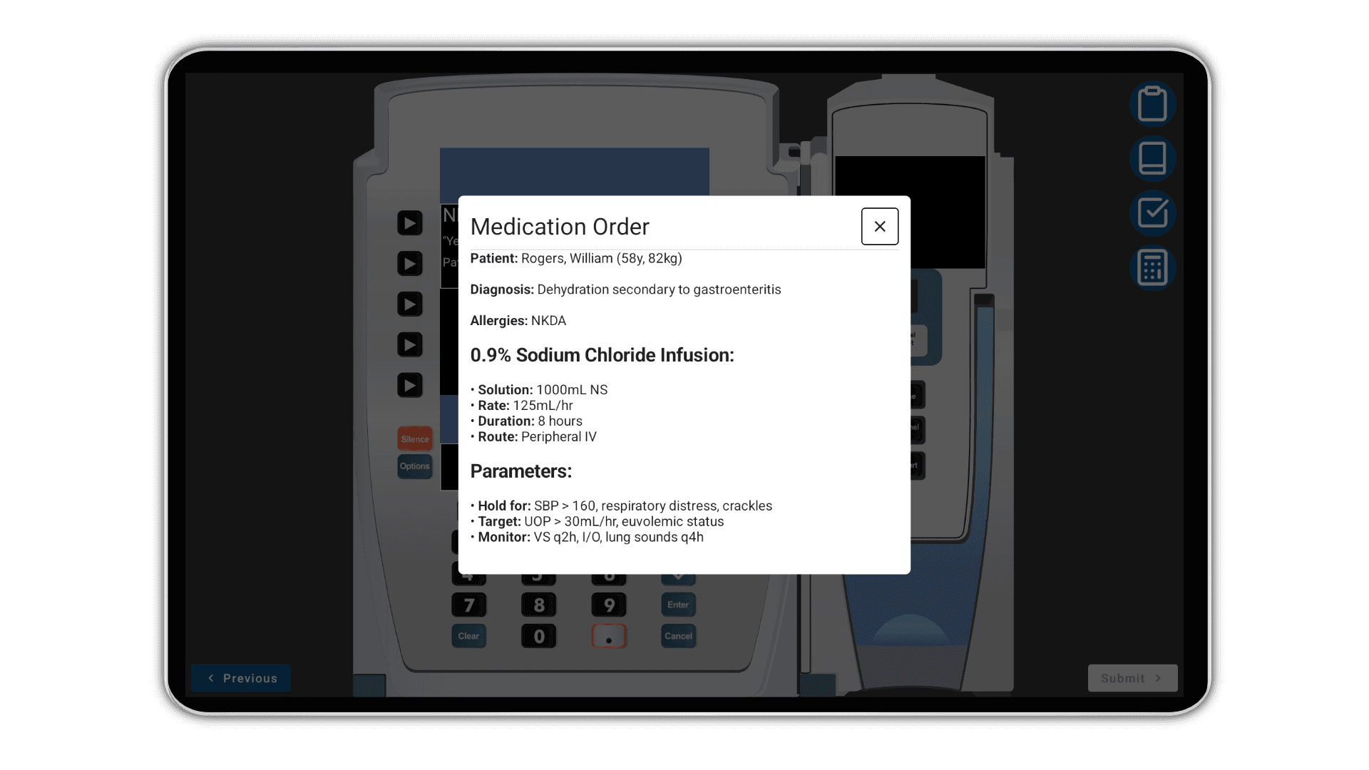 SimVS-IV InfusionIQ custom medication order interface