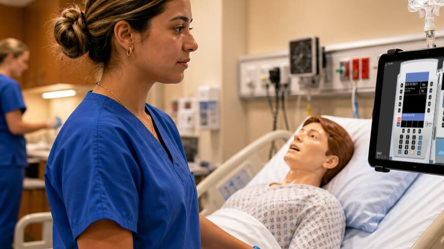SimVS runs real device interfaces on a tablet at a real bedside — no headset required.