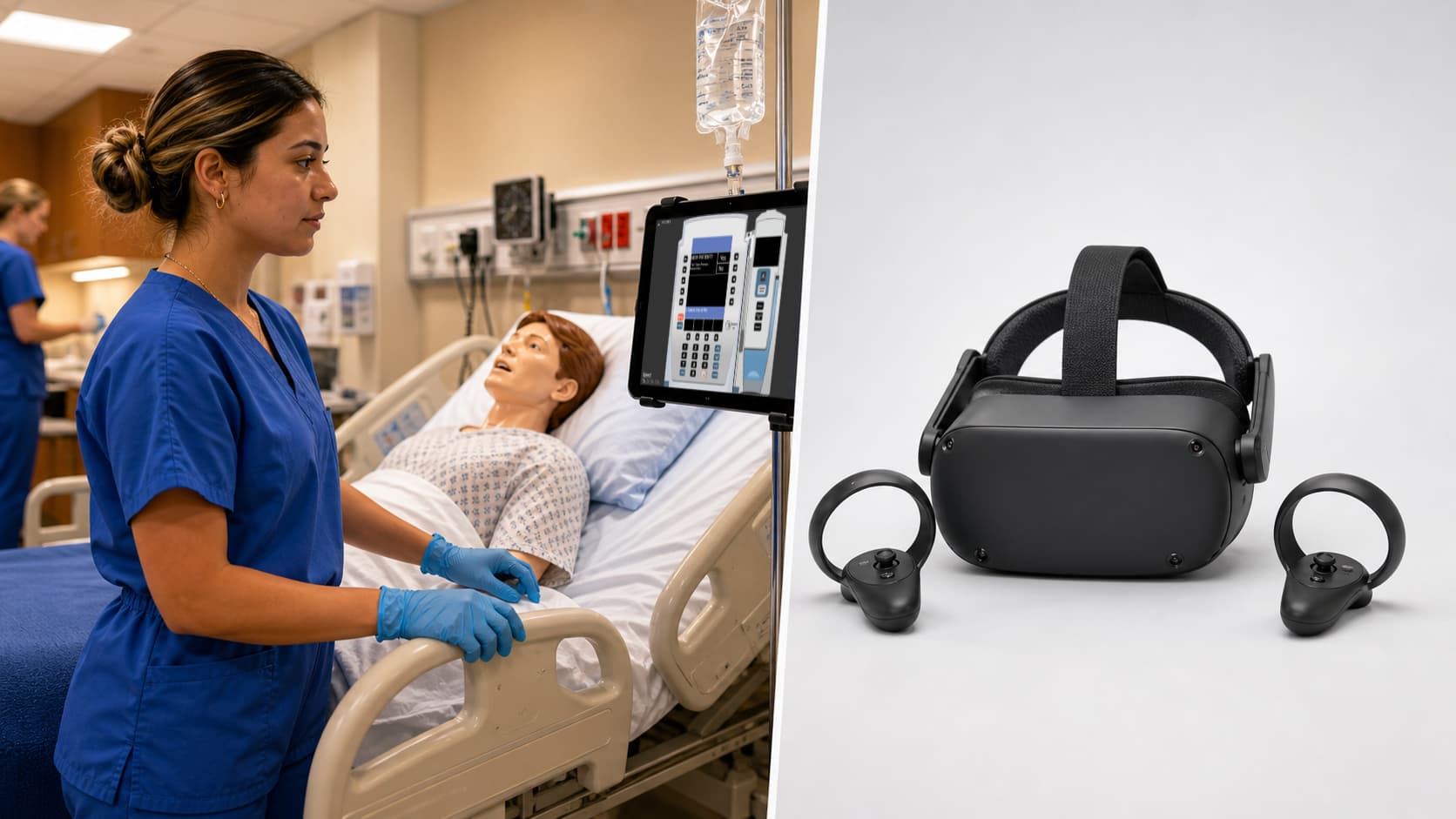 Two paths to simulation: SimVS on a tablet at a real bedside, versus a VR headset.