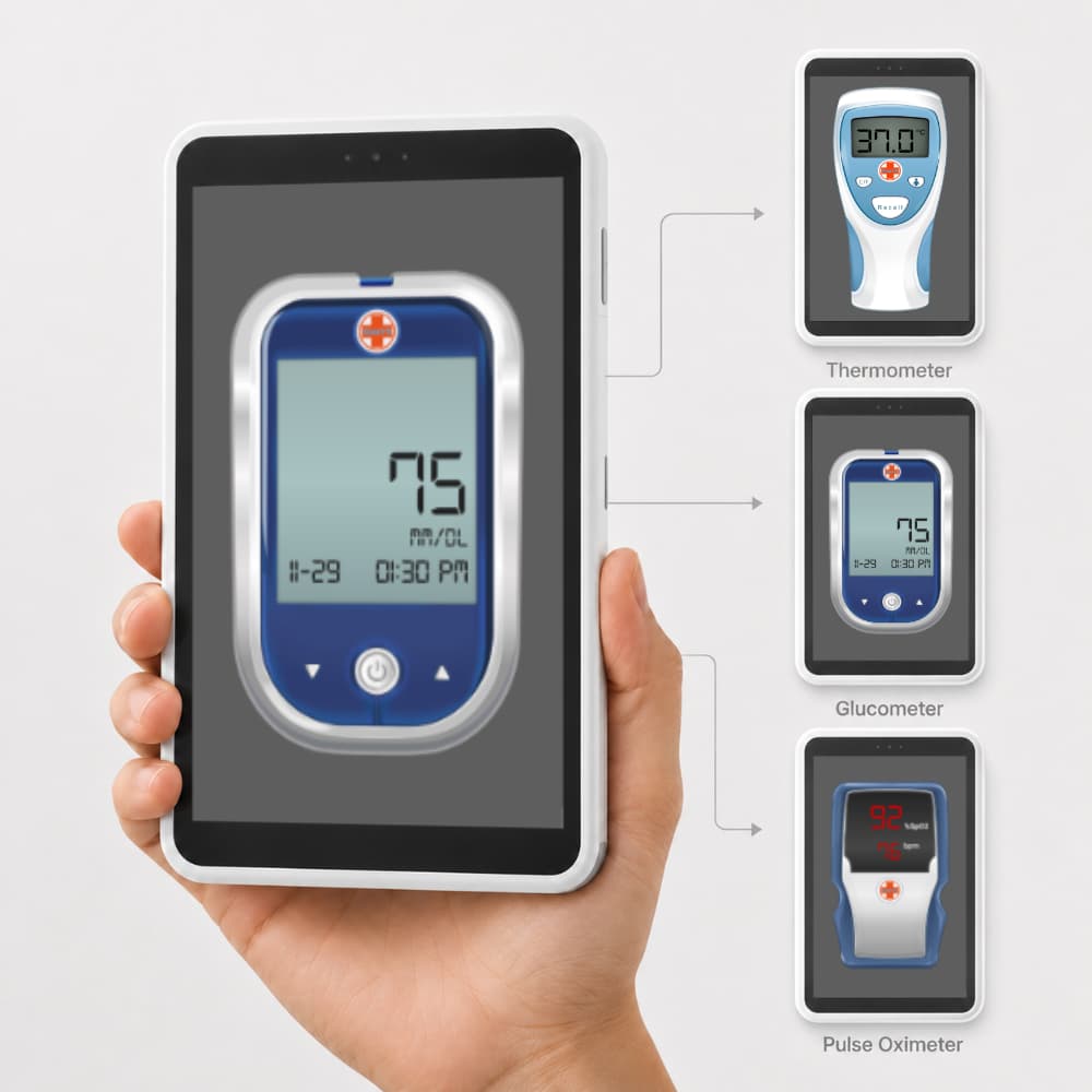 Point-of-care tablet switching between glucometer, pulse oximeter, and thermometer interfaces